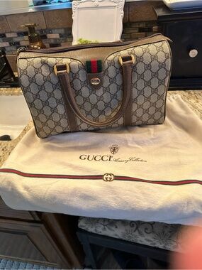 Gucci Brown GG Supreme Canvas Satchel with Signature Web Stripe